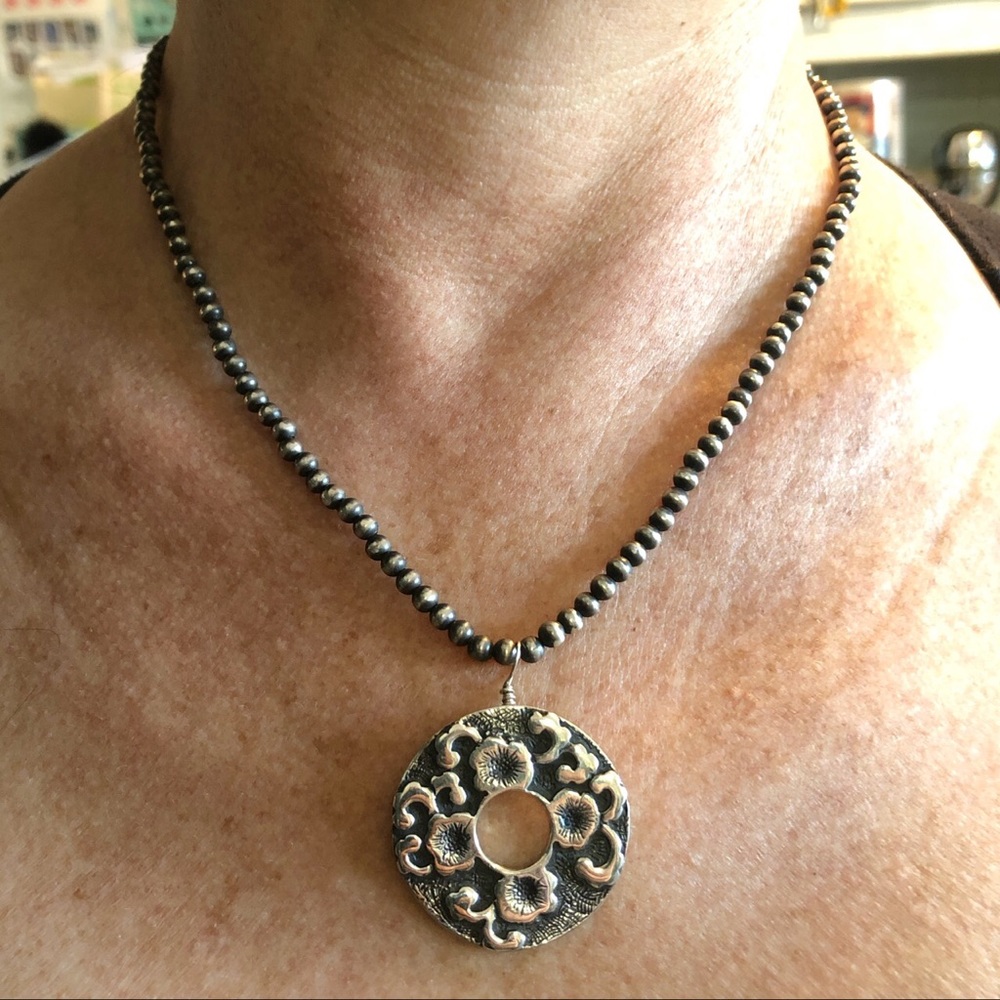 Handmade Sterling Silver pansies pendent & beads